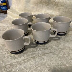 6-Tamaka Chateau Stoneware Japan Cobalt Blue Pattern W/ Brown Stripe Accent Mugs